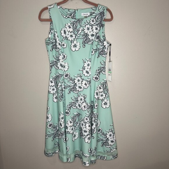 Calvin Klein Floral A-Line Midi Sleeveless Dress Size 8 Teal Work Career NWT - Picture 1 of 10